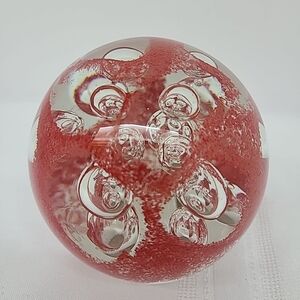 Vintage Handblown Art Glass Paperweght Ball Red/Clear Controlled Bubbles